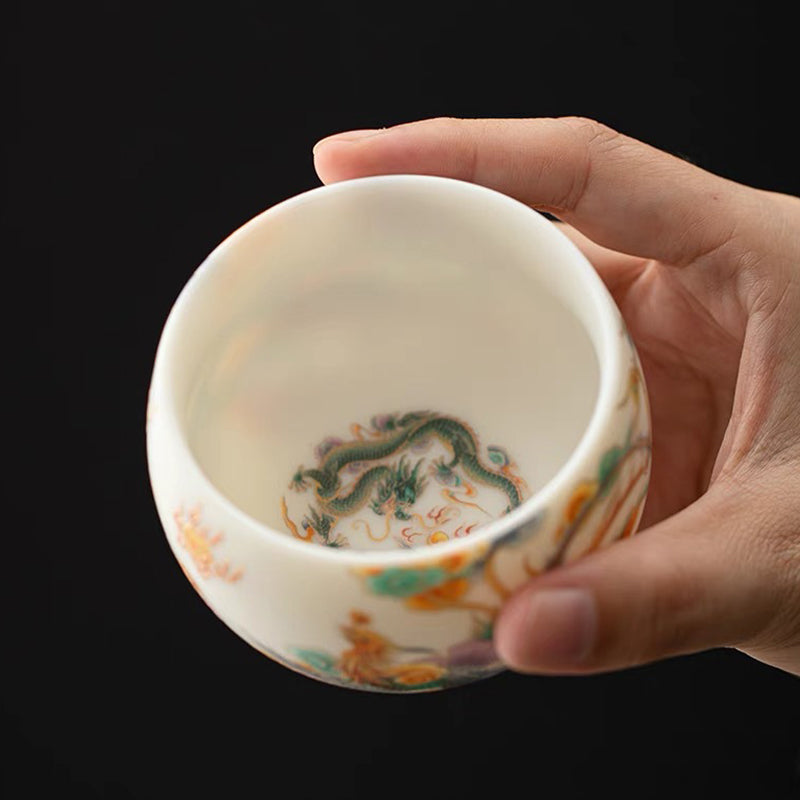Dragon Phoenix Ceramic Teacup with Auspicious Clouds | Zen Decor