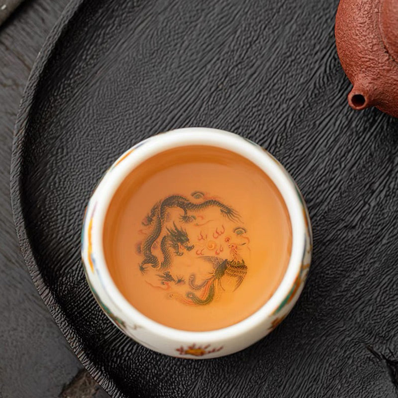 Dragon Phoenix Ceramic Teacup with Auspicious Clouds | Zen Decor