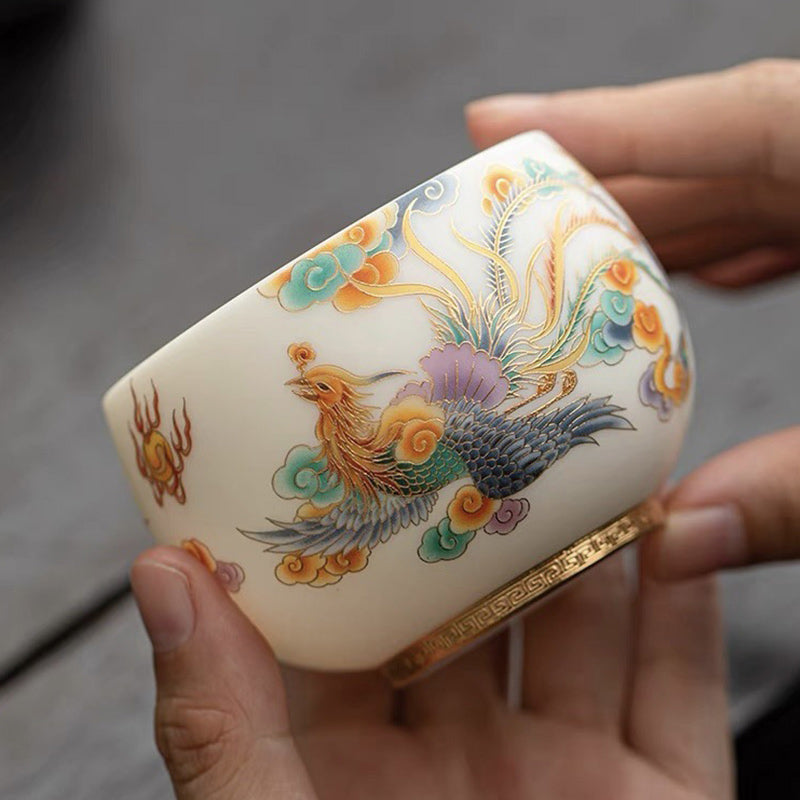 Dragon Phoenix Ceramic Teacup with Auspicious Clouds | Zen Decor