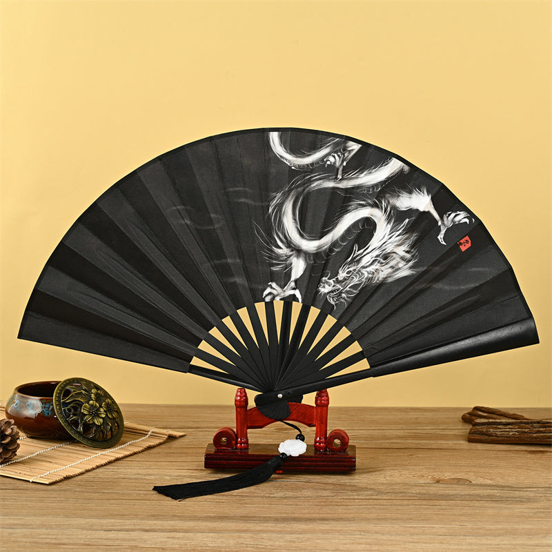 Dragon Phoenix Tiger Crane Folding Fan with Lotus Tassel