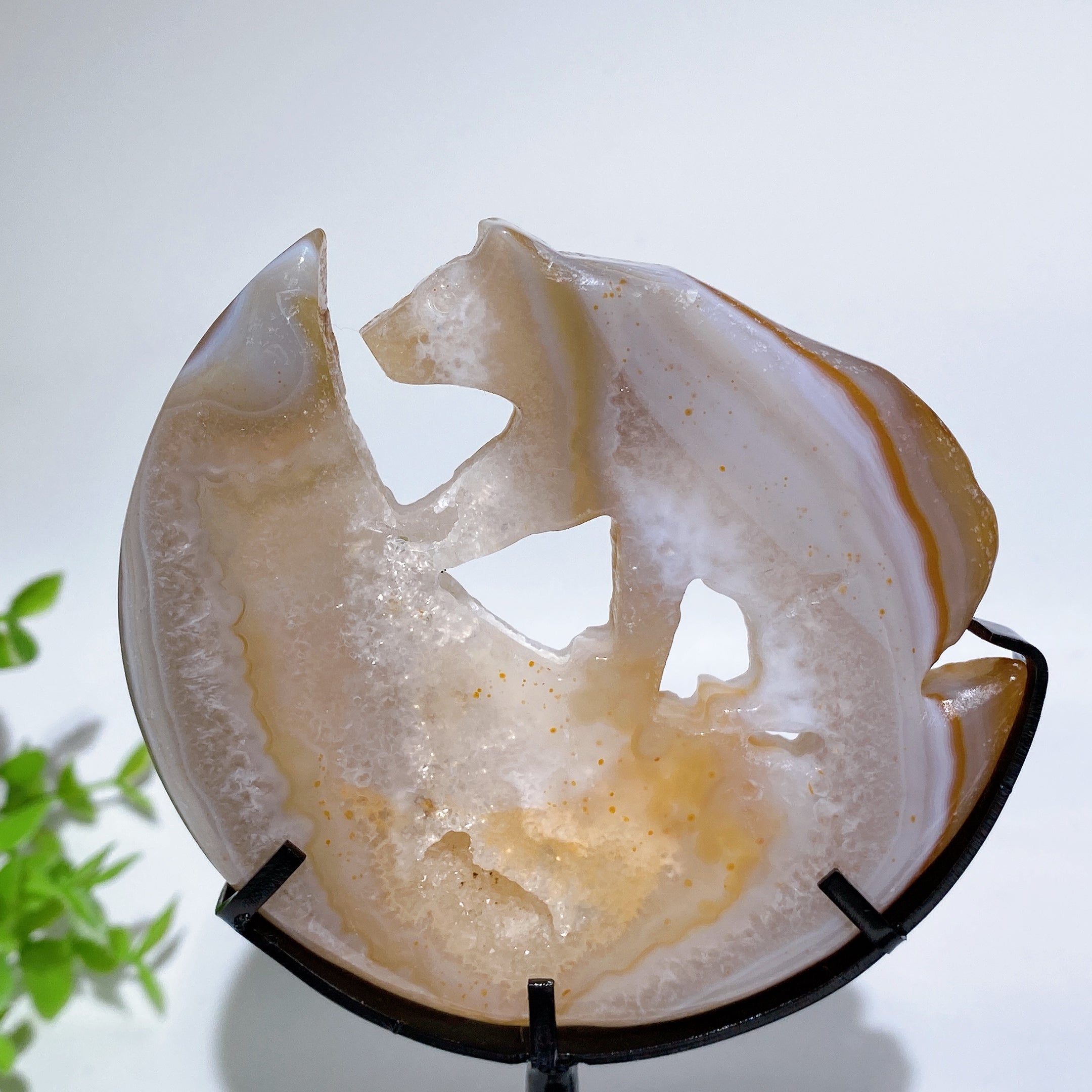 Druzy Agate Crystal Bear on Moon Carving 3.2"