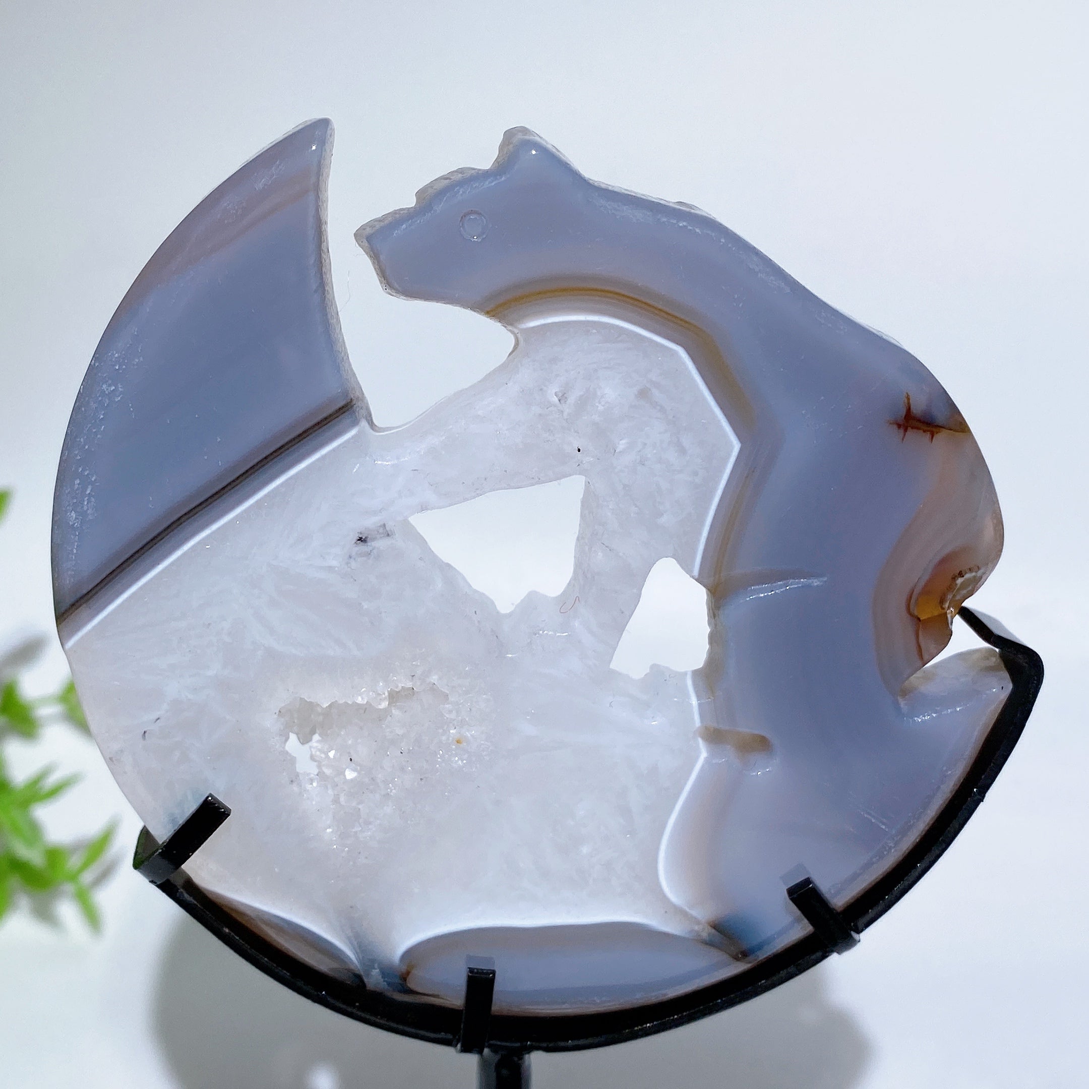 Druzy Agate Crystal Bear on Moon Carving 3.2"