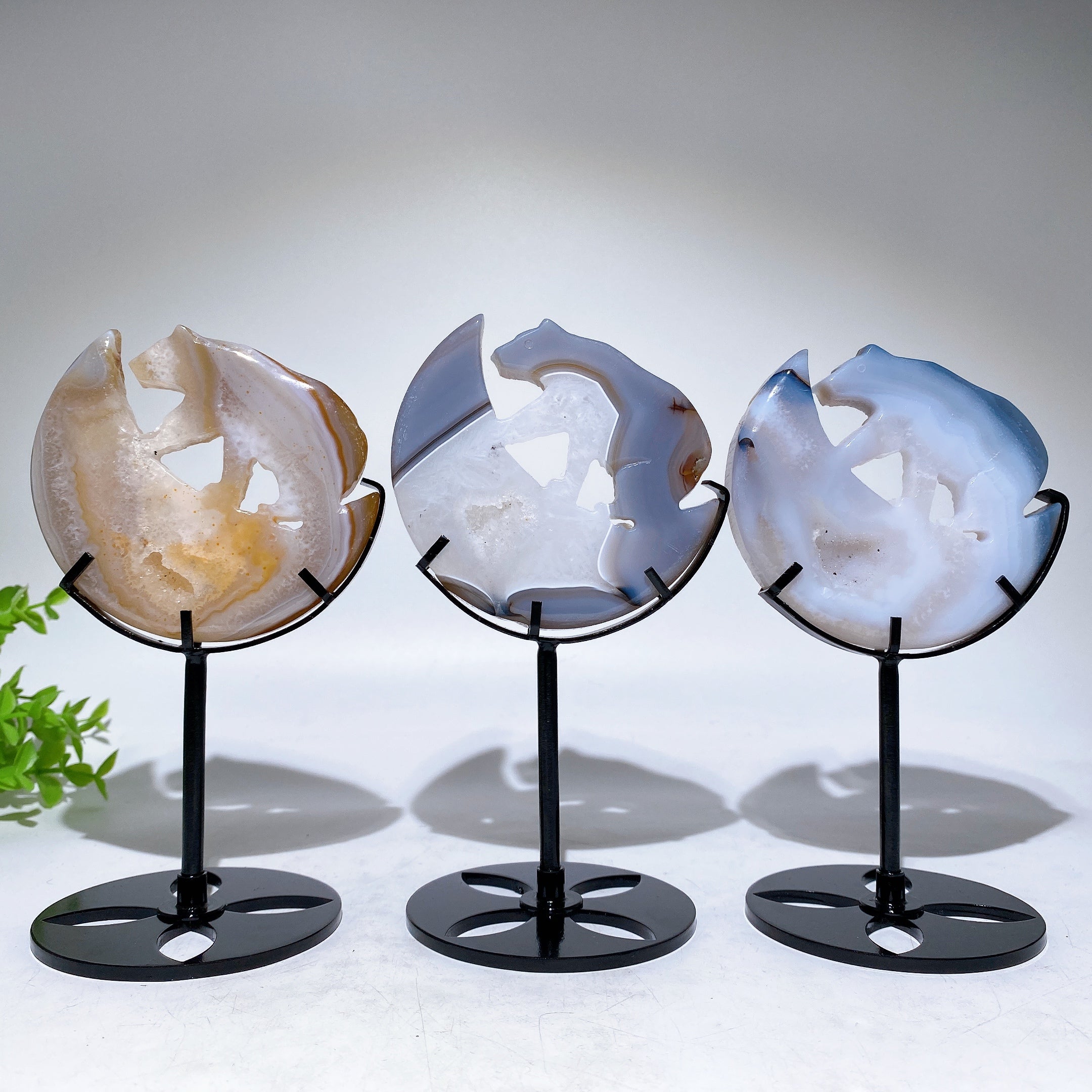 Druzy Agate Crystal Bear on Moon Carving 3.2"