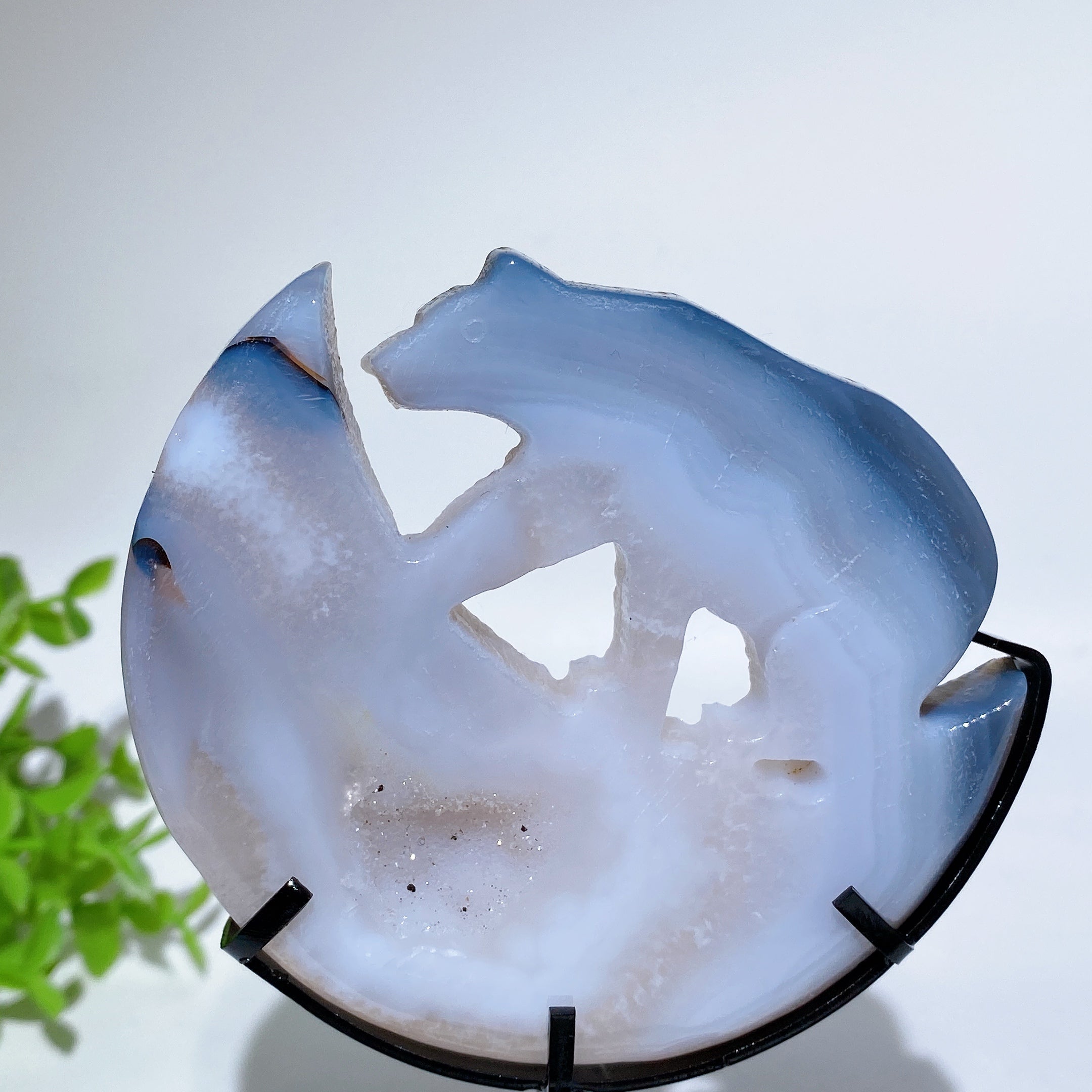 Druzy Agate Crystal Bear on Moon Carving 3.2"