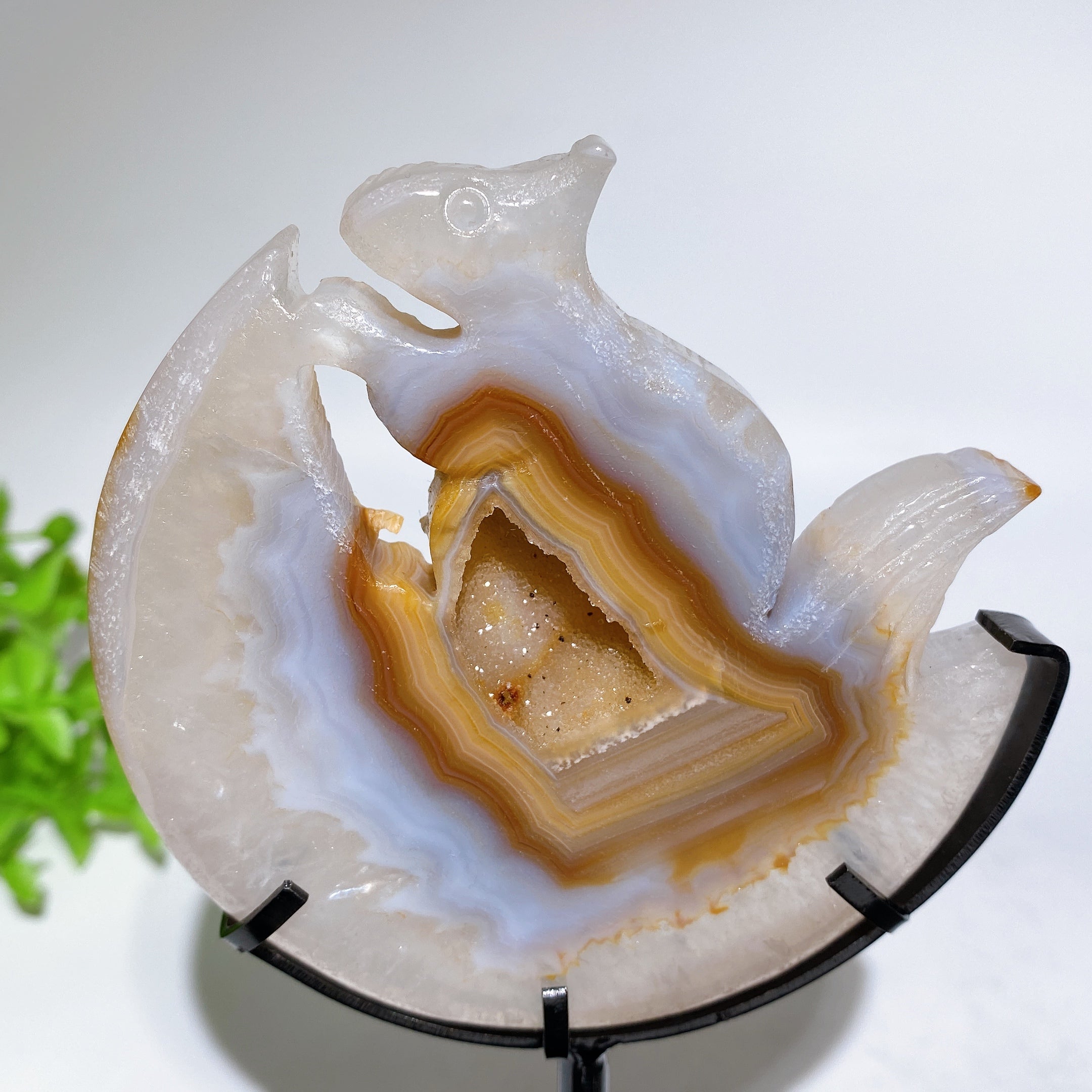 Druzy Agate Squirrel Carving Crystal Figurine 3.6in Stand