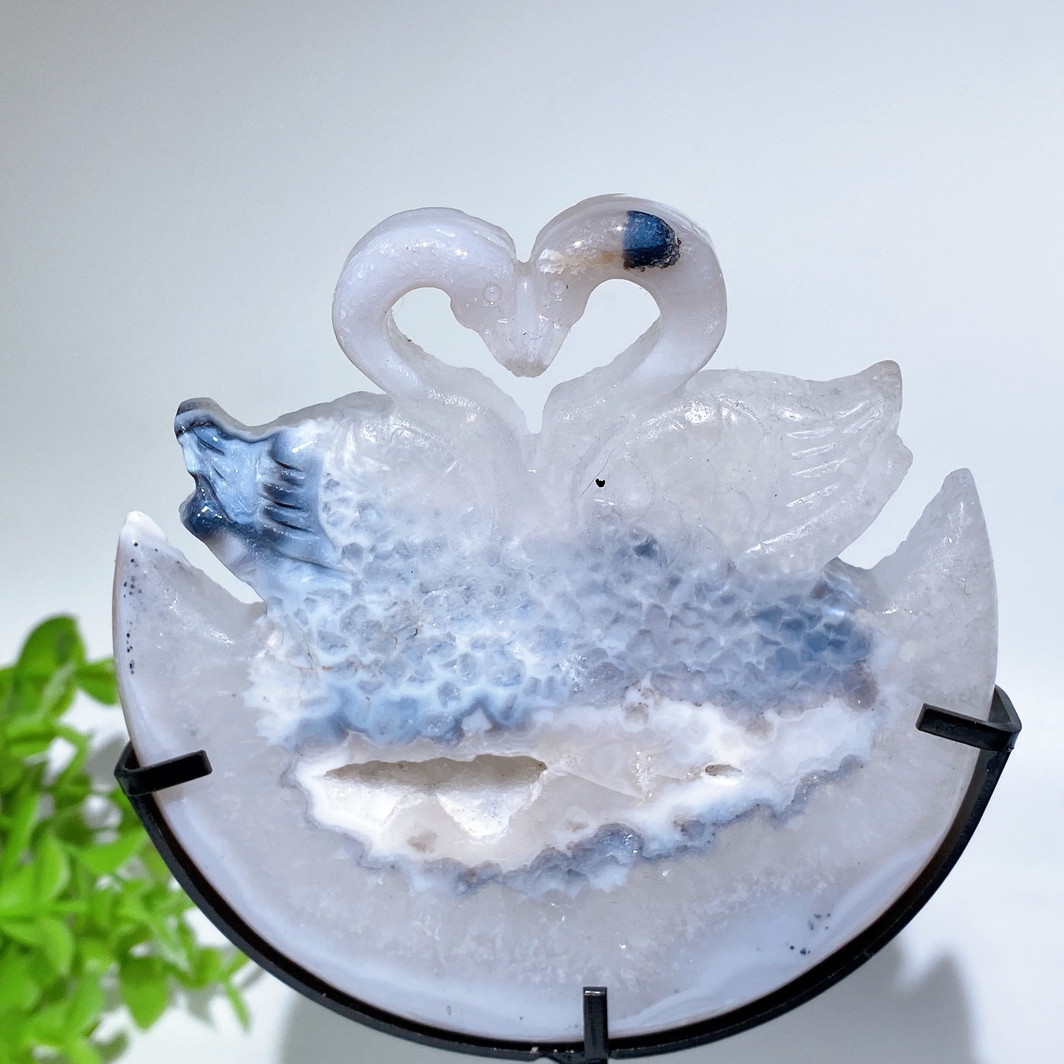 Druzy Agate Swan Crystal Carving 3.9 Inch With Stand