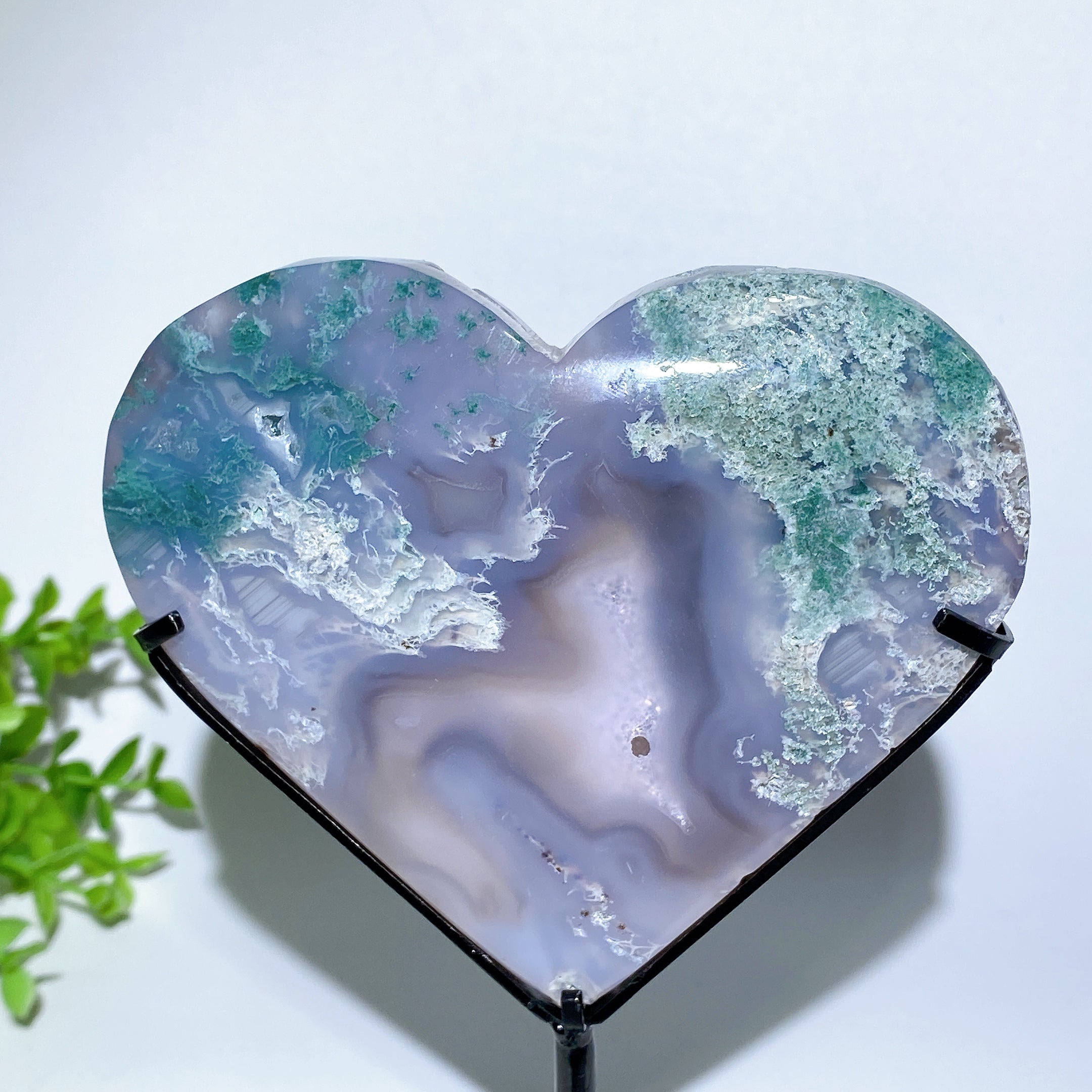 Druzy Moss Agate Heart 4-6 Inch Crystal Display