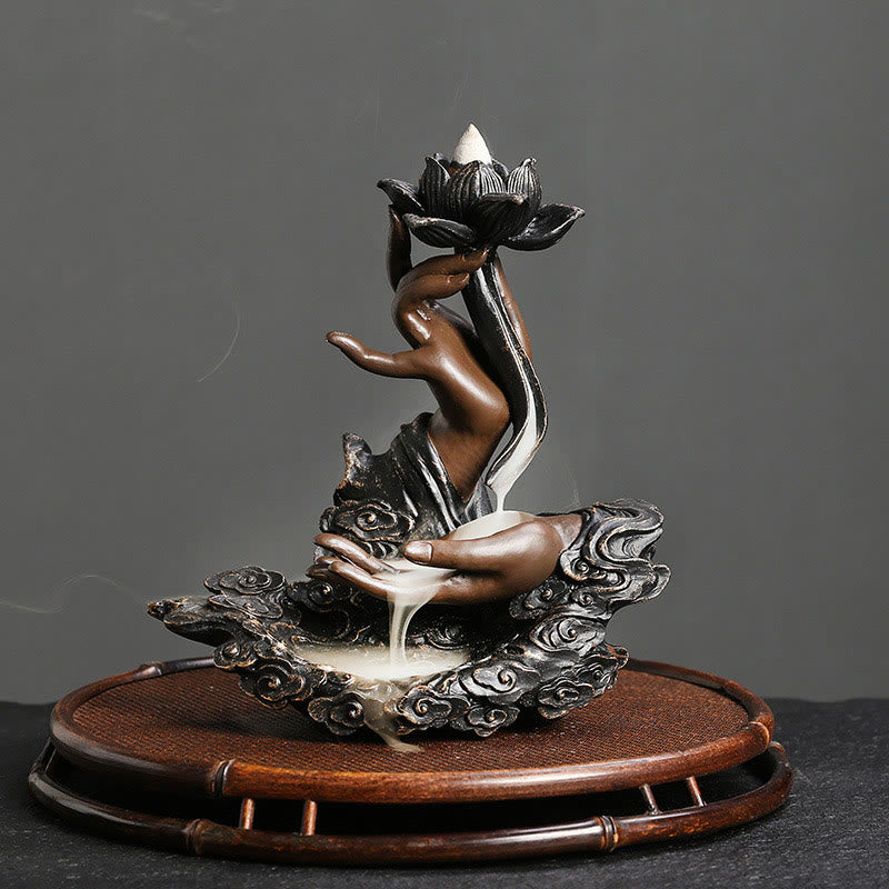 Lotus Buddha Hand Resin Backflow Incense Burner 17.9cm