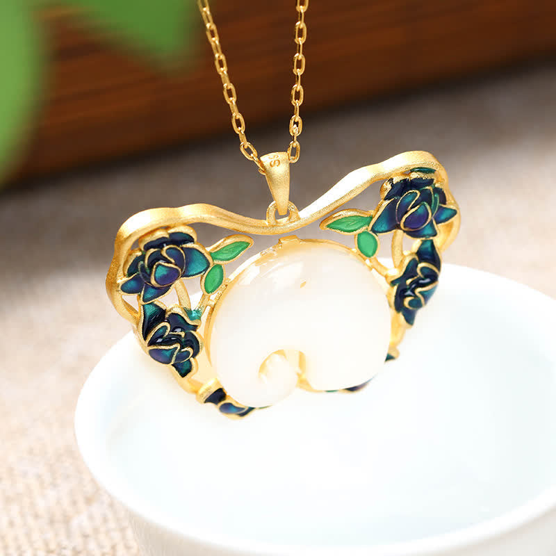 White Jade Success Necklace with Elephant Butterfly Lotus