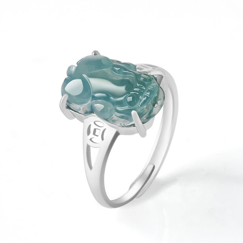 Sterling Silver Jade Pixiu Ring for Wealth & Luck