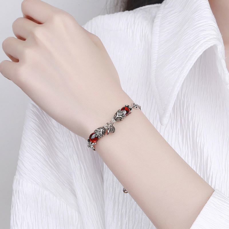 Garnet Protection Bracelet with Double PiXiu Copper Coin Chain