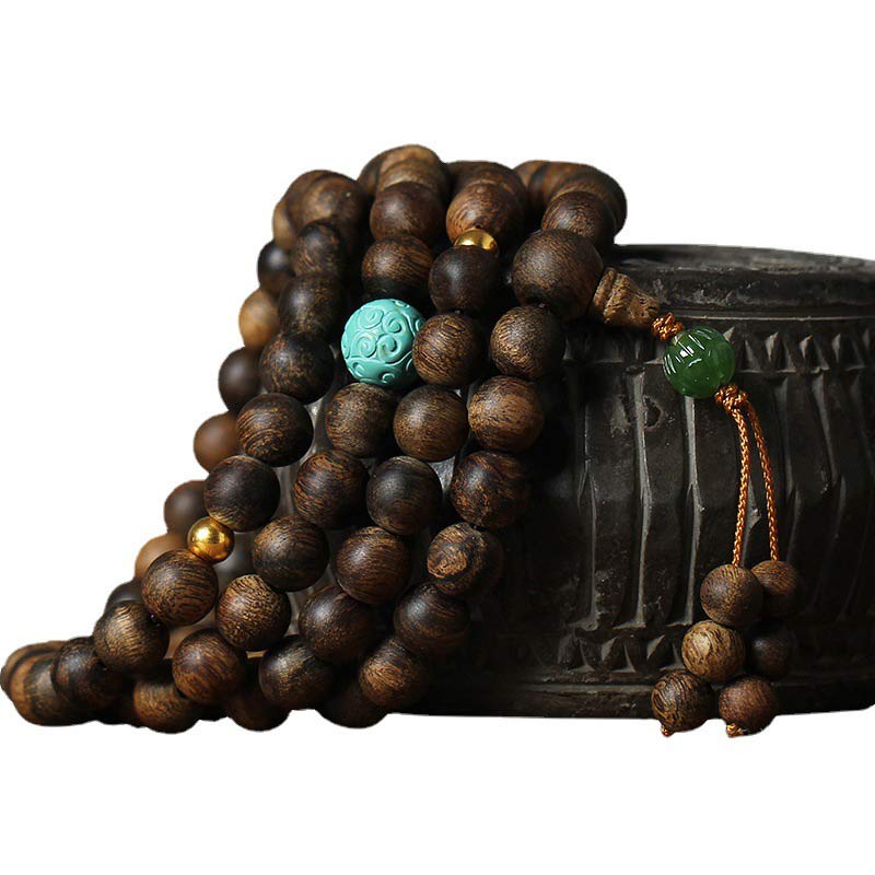108 Wood Mala Beads Agarwood Turquoise Bracelet for Meditation