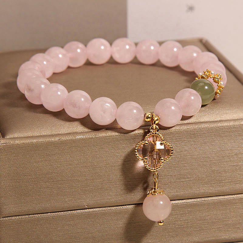 8mm Pink Crystal Soothing Four Leaf Clover Bracelet