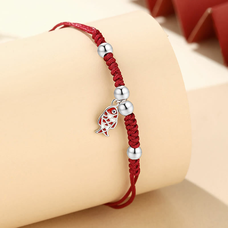925 Sterling Silver Koi Fish Luck Bracelet in Braided Red Rope
