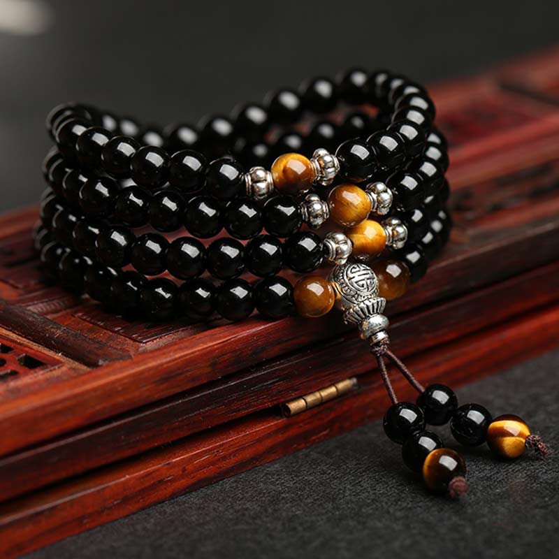 6mm Black Obsidian Tiger Eye Mala Bracelet for Protection