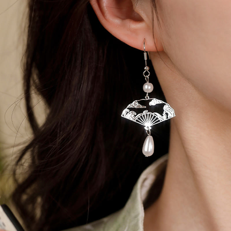 Copper Fan Pearl Drop Earrings | Prosperity & Protection