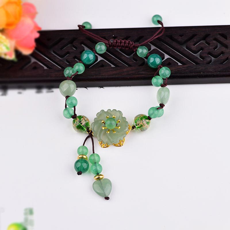 Unisex Green Jade Luck Flower Charm Bracelet 6-10mm Beads