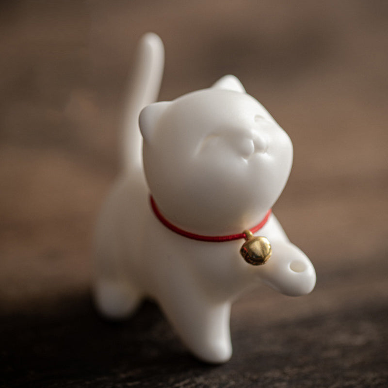 Mini Lucky Cat Ceramic Tea Pet with Bamboo Mat | Spiritual Figurine