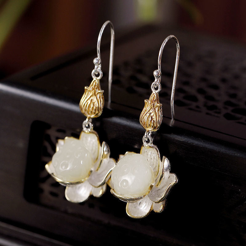 White Jade Protection Harmony Lotus Drop Earrings