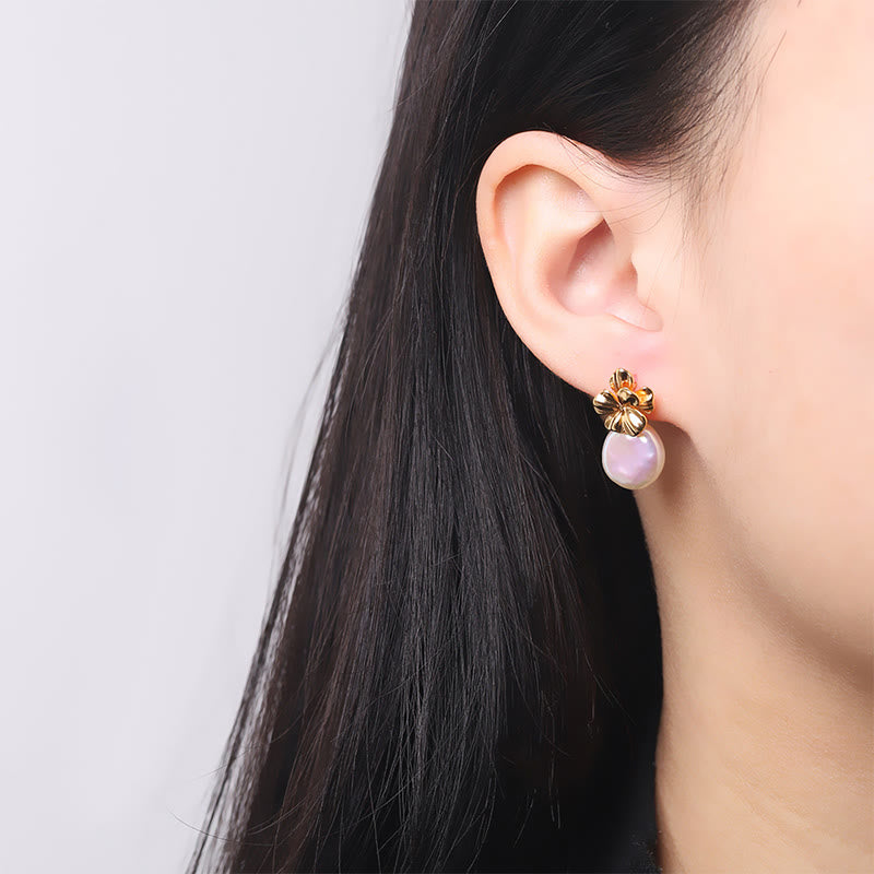 Baroque Pearl Flower Healing Drop Earrings in 925 Sterling Silver
