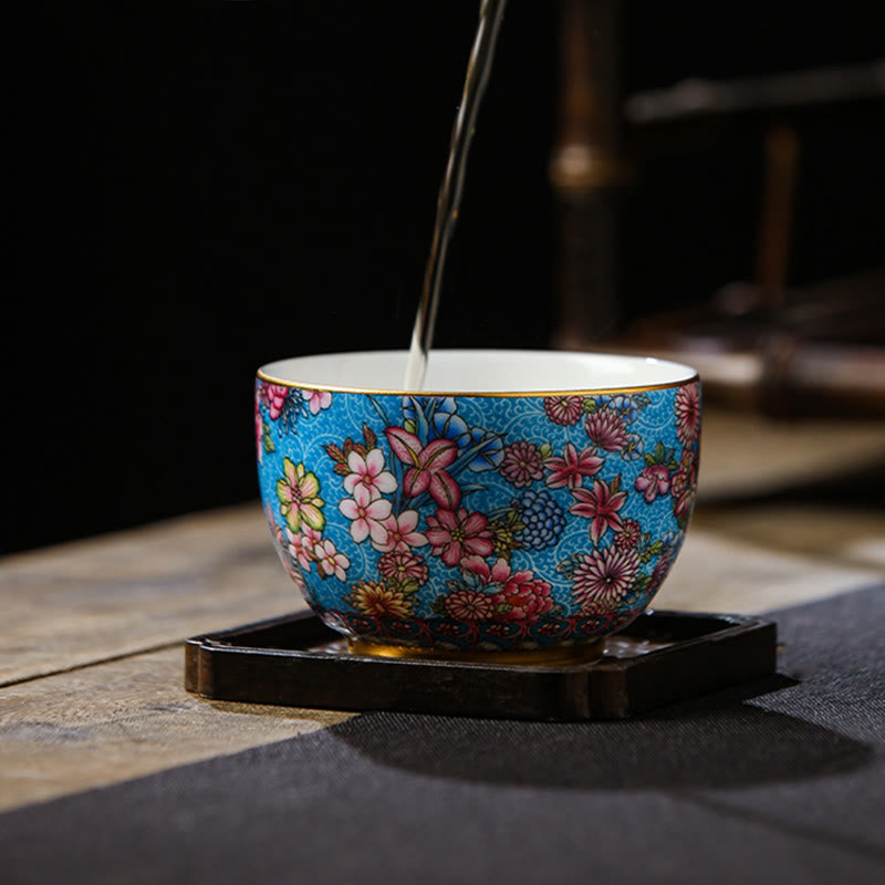 Jingdezhen Porcelain Tea Cup with Colorful Flowers 8cm Zen Decor