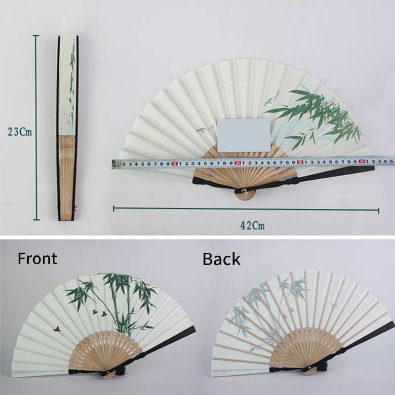 Chinese Folding Fan with Bamboo and Koi Fish Patterns
