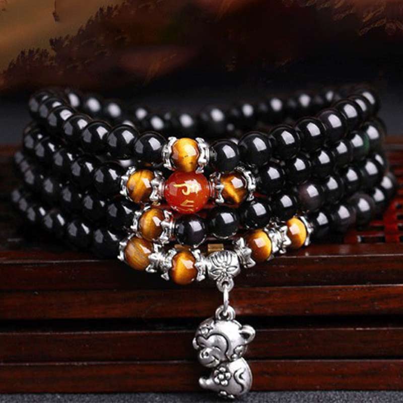 108 Beads Black Obsidian Tiger Eye Chinese Zodiac Bracelet