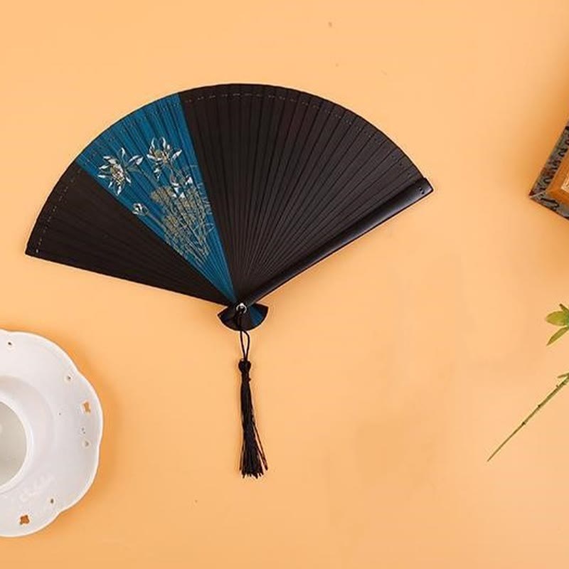 18cm Bamboo Folding Fan with Hibiscus and Plum Blossom Design