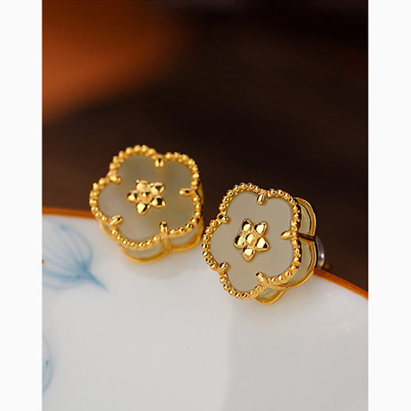 Sterling Silver Hetian Jade Plum Flower Luck Stud Earrings