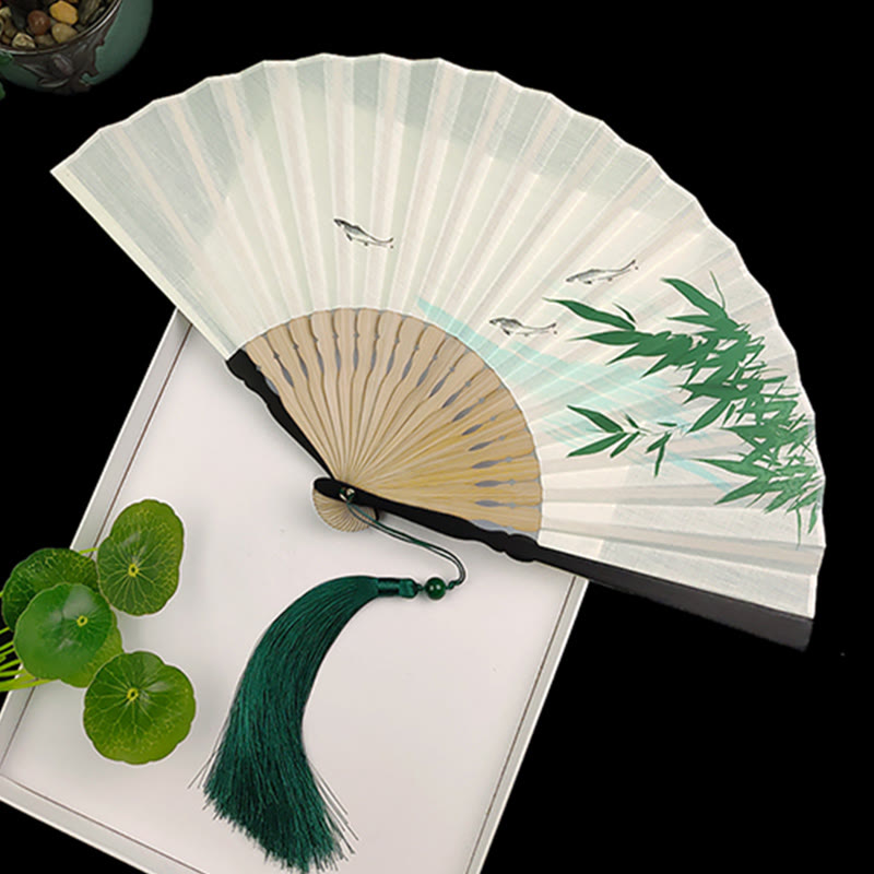 Chinese Folding Fan with Bamboo and Koi Fish Patterns
