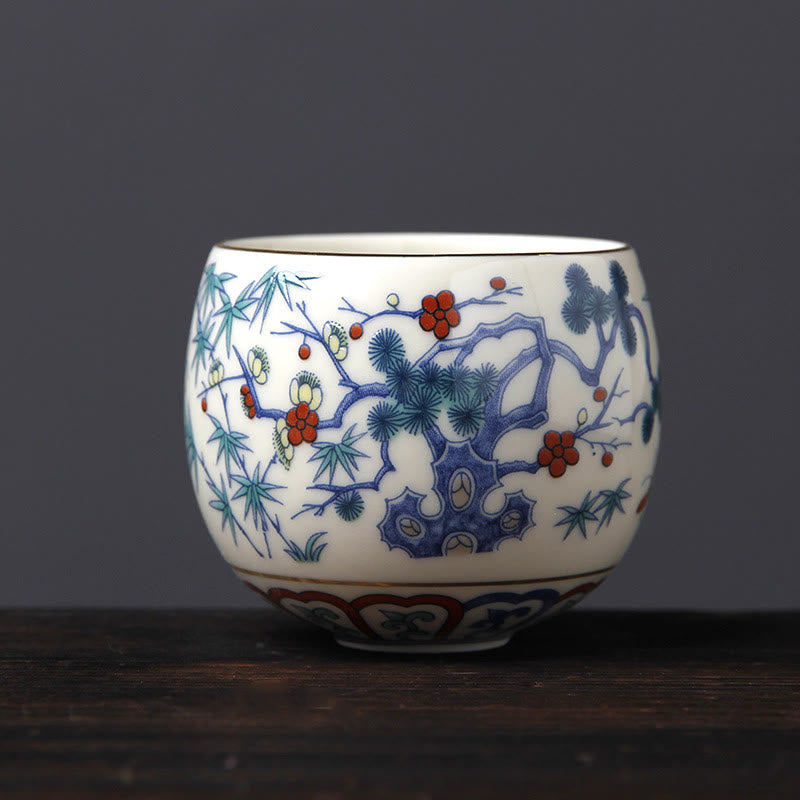 Vintage Ceramic Teacup with Plum Blossom Pine Bamboo Motifs