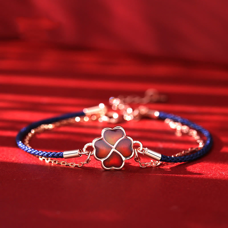 Color-changing Four Leaf Clover Red String Bracelet in 925 Silver for Luck