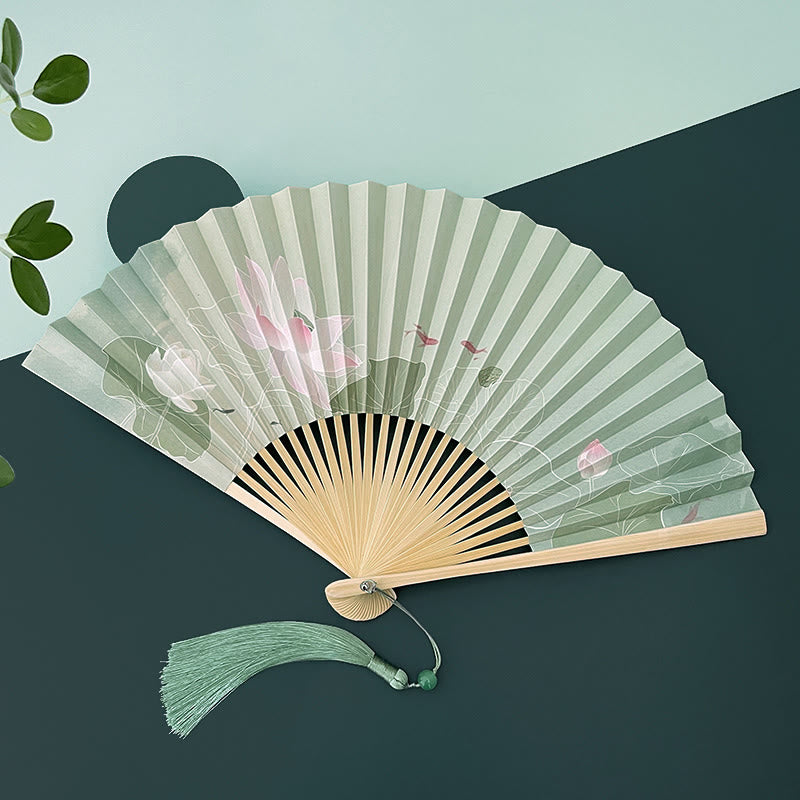 Lotus Flower Chinese Folding Fan with Bamboo & Paper