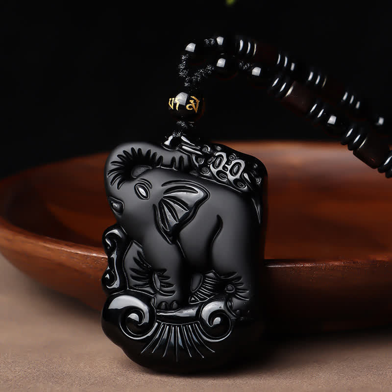 Black Obsidian Elephant Necklace for Protection & Strength