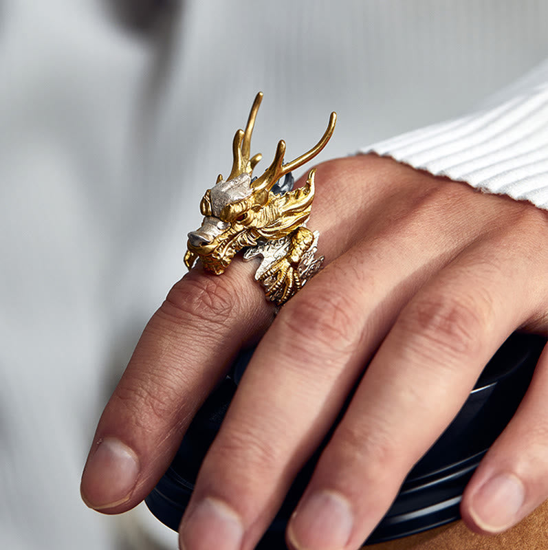 925 Sterling Silver Adjustable Dragon Protection Success Ring