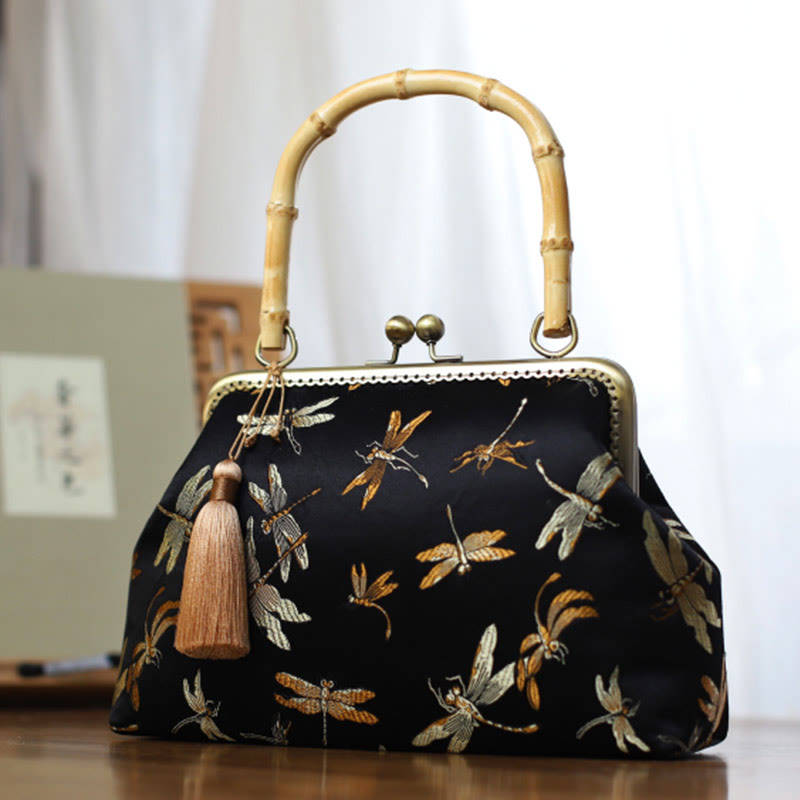 22.5cm Bamboo Handle Handbag | Dragonfly Crane Plum Blossom Leaf