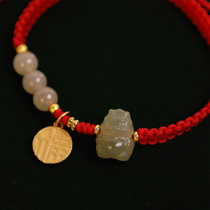 Unisex Hetian Jade Dragon Bracelet with Fu Character for Luck