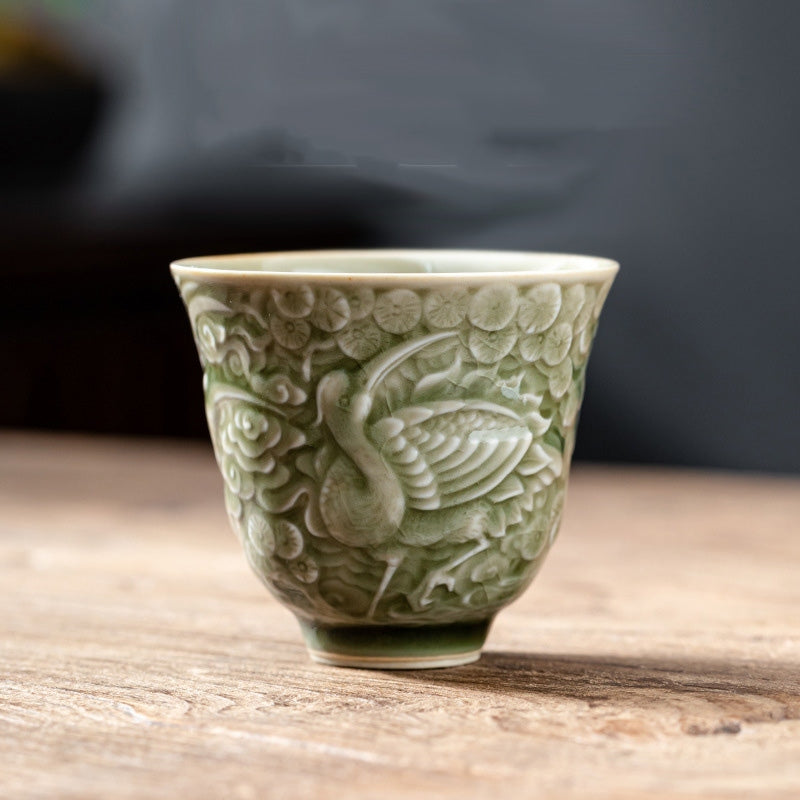 Ceramic Crane Pine Teacup 80ml | Zen Decor Cup
