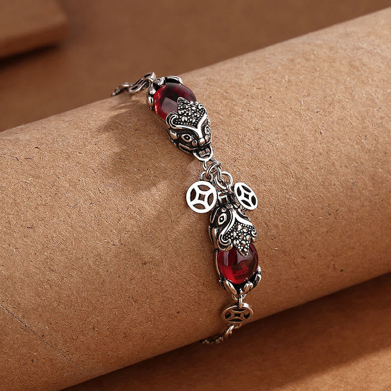 Garnet Protection Bracelet with Double PiXiu Copper Coin Chain