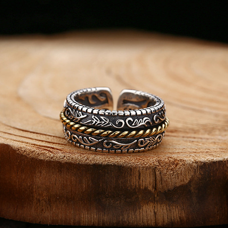 925 Sterling Silver Tang Dynasty Flower Design Luck Adjustable Ring
