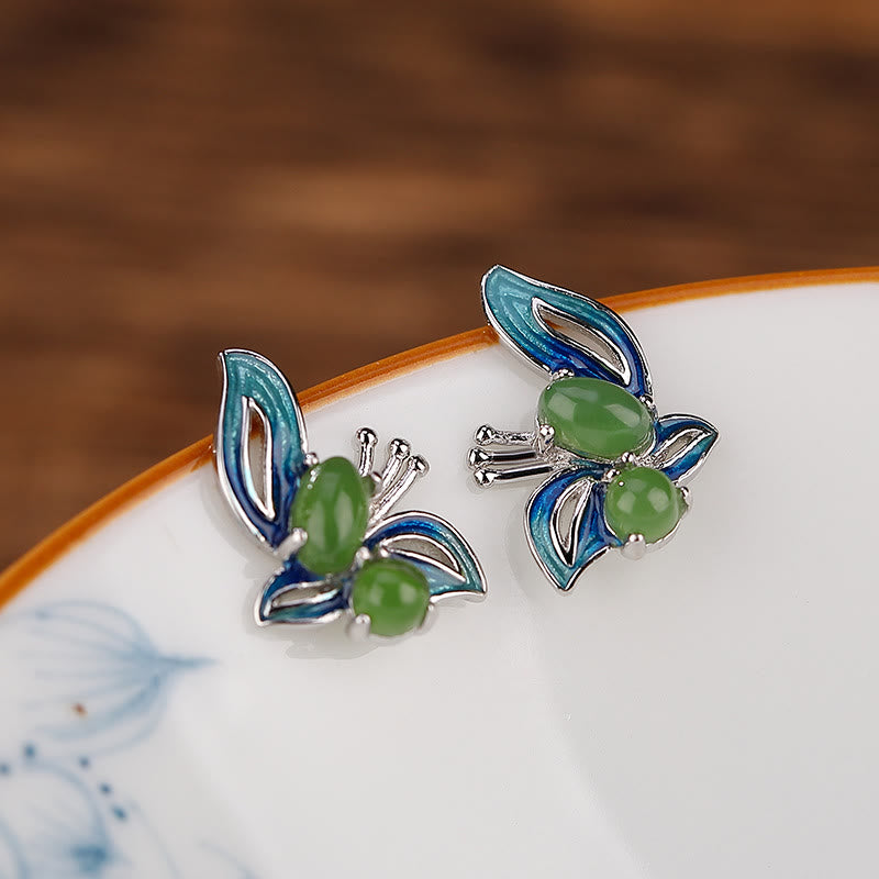 925 Sterling Silver Gold Plated Cyan Jade Butterfly Earrings