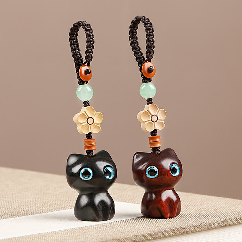 Ebony Wood Lucky Cat Key Chain for Spiritual Peace & Balance