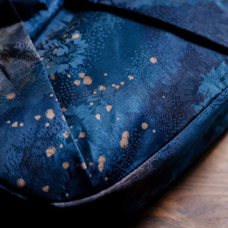 Blue Handmade Jacquard Flower Wooden Handle Bag 23cm