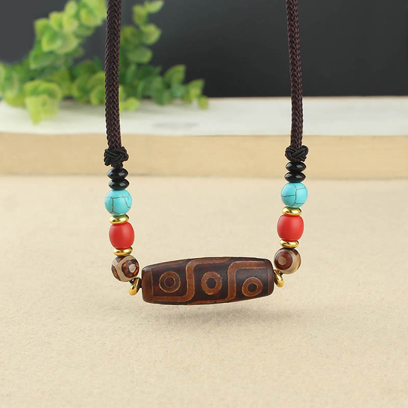 Unisex Agate Necklace with Nine-Eye and Three-Eyed Dzi Beads for Protection