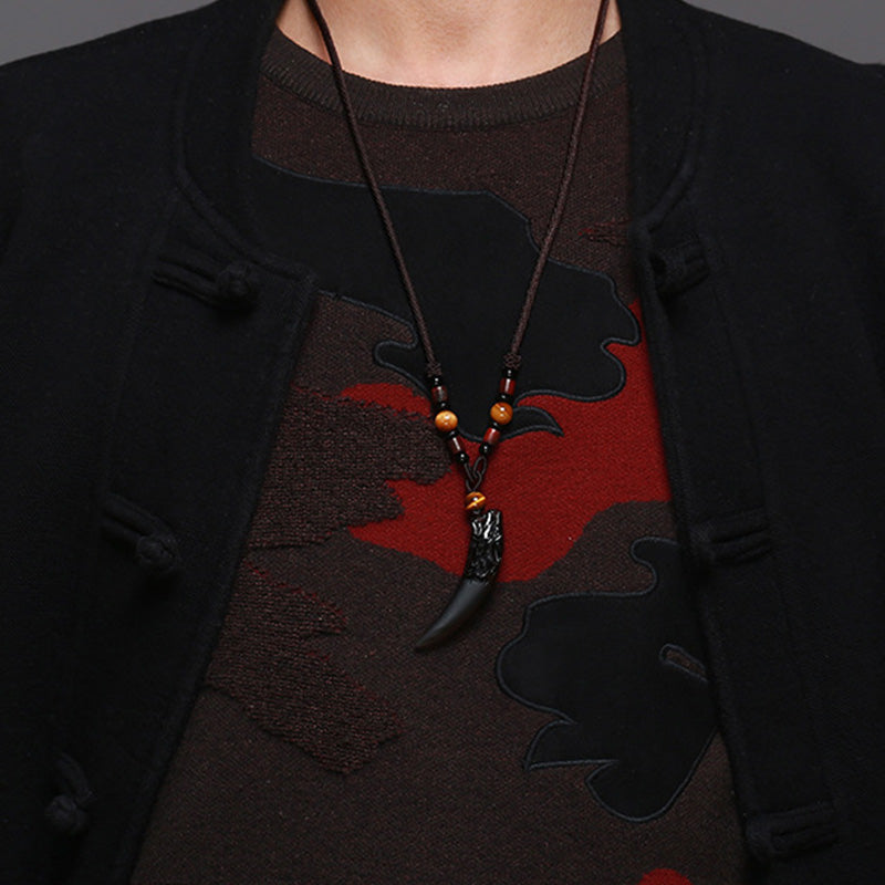 Large Ice Obsidian Wolf Tooth Pattern Courage Necklace