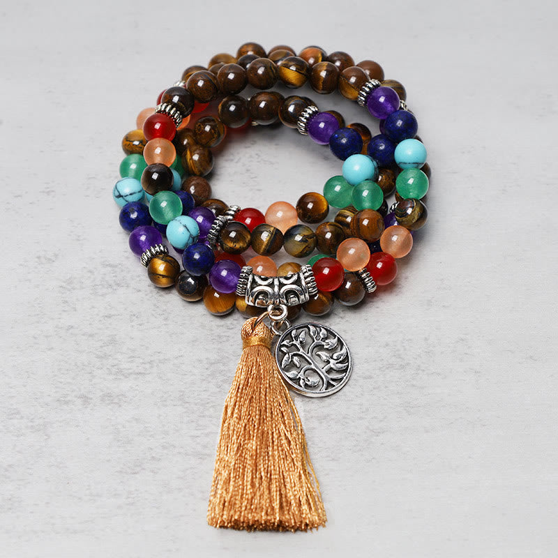 Unisex 108 Bead Mala Necklace with Amethyst & Tiger Eye Healing Beads