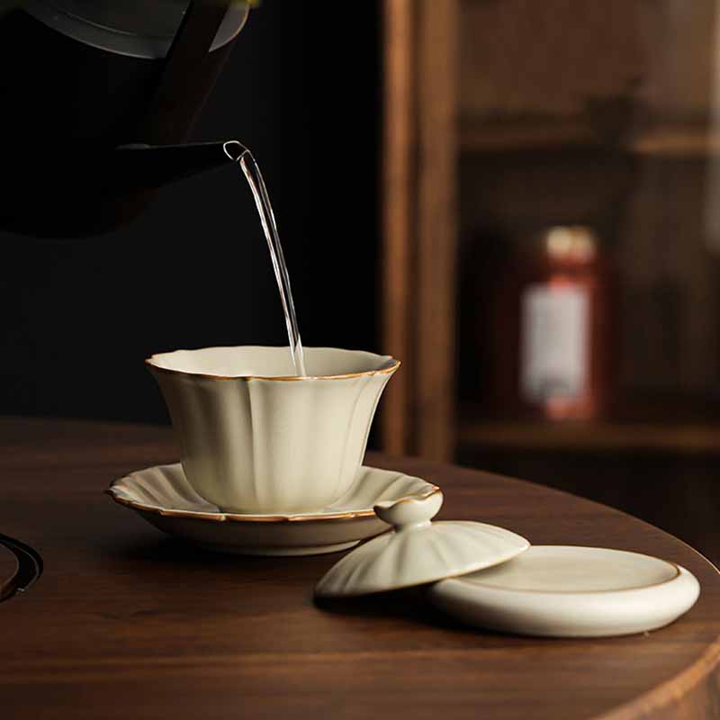 Beige Ceramic Gaiwan with Plum Blossom Design 120ml Tea Set
