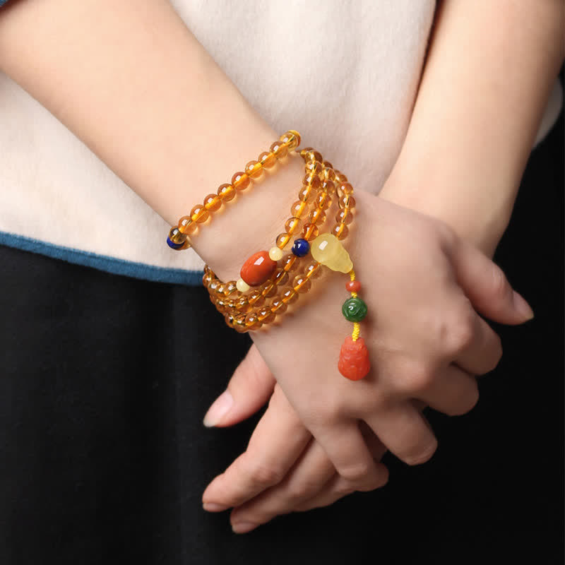 108 Bead Citrine and Amber Gemstone Mala Bracelet for Peace