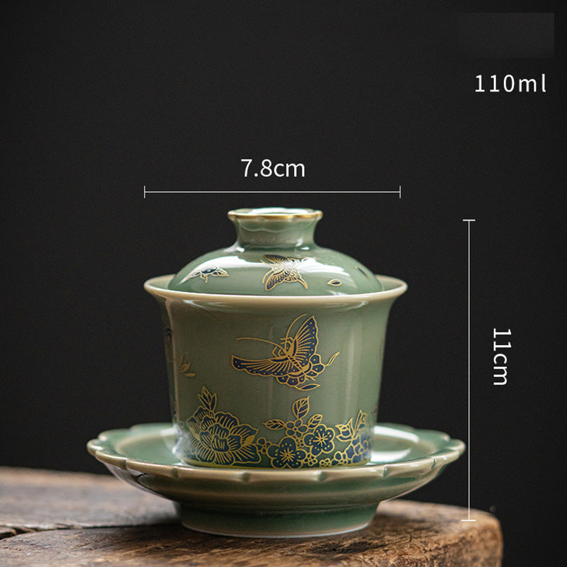 Green Porcelain Gaiwan Tea Set | Butterfly Flower & Salmon Design