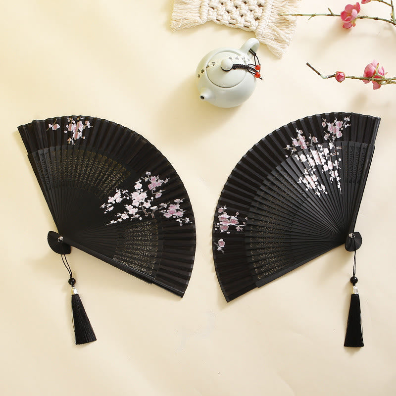 18cm Bamboo Folding Fan with Hibiscus and Plum Blossom Design
